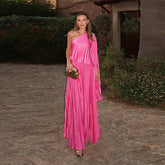 LIZAKOSHT  -  Fashion Solid Draped Tube Long Dress For Women Skew-collar Off The Shoulder Irregular Robe 2025 Summer Chic Female Party Dresses